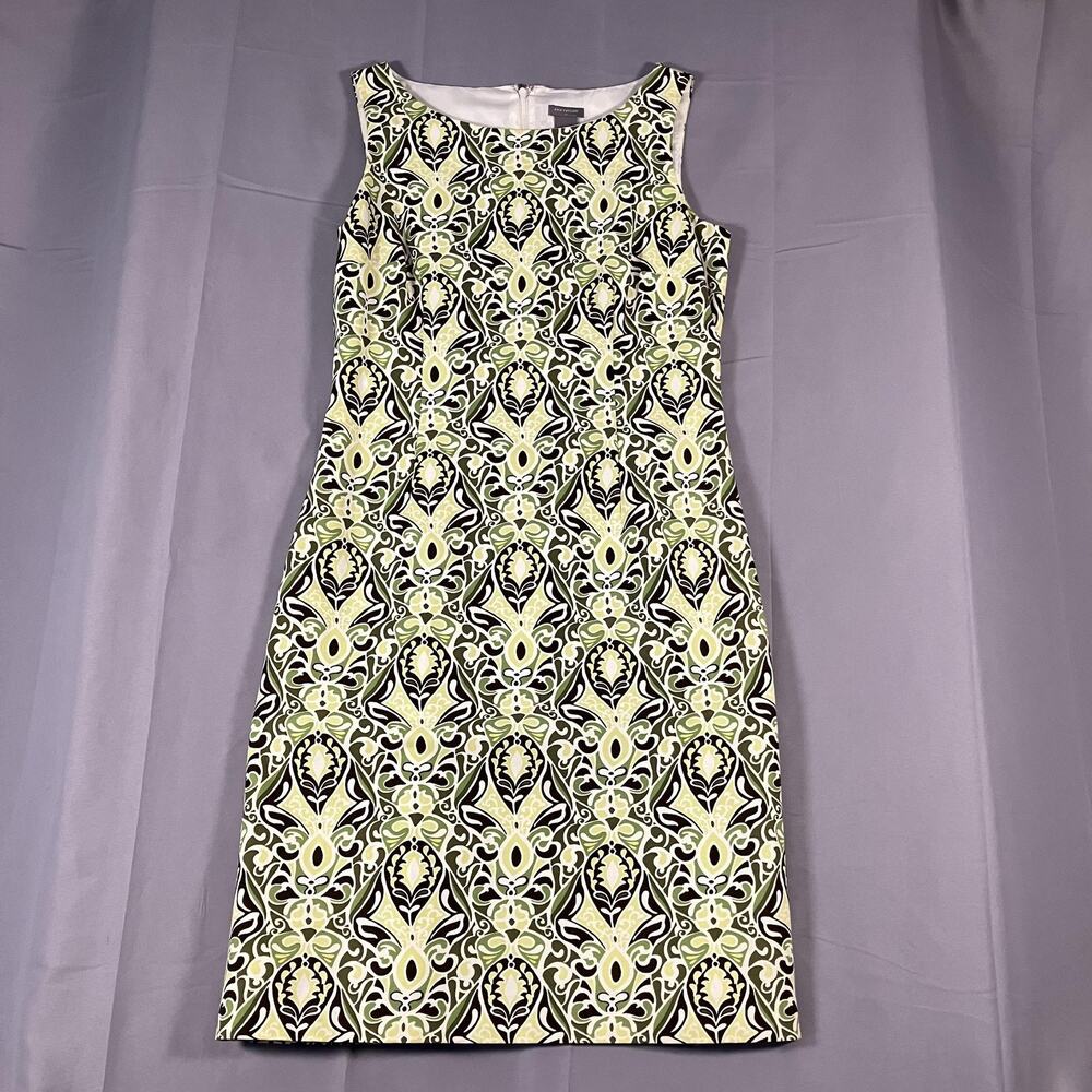 Ann Taylor Dress Womens 10 Green White Black Sleeveless Sheath Geometric Cotton